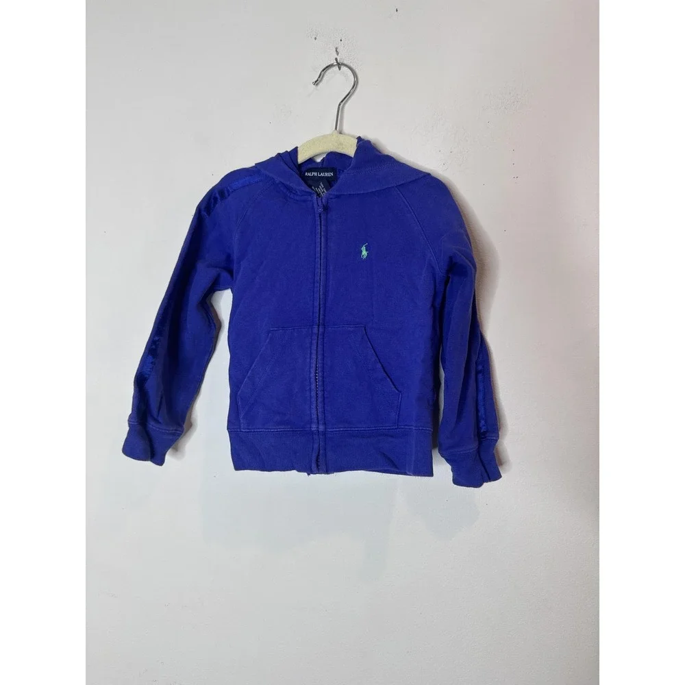 Ralph Lauren‎ Hoodie Kids 4 Blue Full Zip Logo Knit Cotton Spandex Pockets